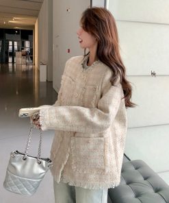 Off-White Tassel Wind Coat for Women - French-Style Spring Autumn Jacket, Elegant Lightweight Outerwear for 2025 Fashion Trends
