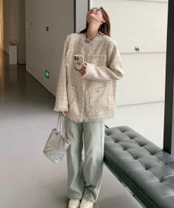 Off-White Tassel Wind Coat for Women - French-Style Spring Autumn Jacket, Elegant Lightweight Outerwear for 2025 Fashion Trends