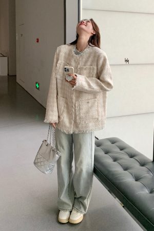 Off-White Tassel Wind Coat for Women - French-Style Spring Autumn Jacket, Elegant Lightweight Outerwear for 2025 Fashion Trends