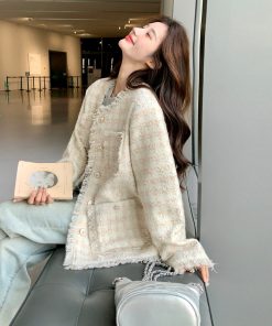Off-White Tassel Wind Coat for Women - French-Style Spring Autumn Jacket, Elegant Lightweight Outerwear for 2025 Fashion Trends