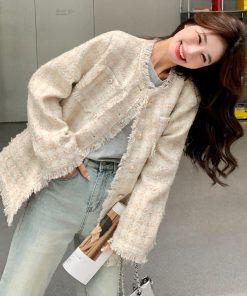 Off-White Tassel Wind Coat for Women - French-Style Spring Autumn Jacket, Elegant Lightweight Outerwear for 2025 Fashion Trends