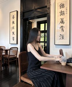 Old Money Black Gold Linen Suit with Adjustable Strap Tank Top and Striped Wide-Leg Pants - Chic 90s Inspired Fashion