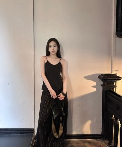 Old Money Black Gold Linen Suit with Adjustable Strap Tank Top and Striped Wide-Leg Pants - Chic 90s Inspired Fashion