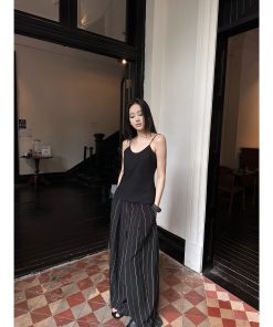 Old Money Black Gold Linen Suit with Adjustable Strap Tank Top and Striped Wide-Leg Pants - Chic 90s Inspired Fashion