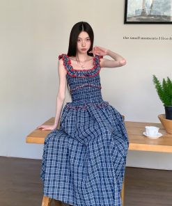 One-Shoulder Contrast Color Strap Dress with Dark Blue Wood Ear Edge - Spring Summer Heartbeat Long Skirt Fashion Dress