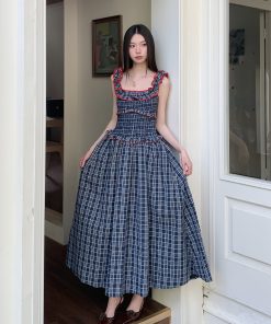 One-Shoulder Contrast Color Strap Dress with Dark Blue Wood Ear Edge - Spring Summer Heartbeat Long Skirt Fashion Dress