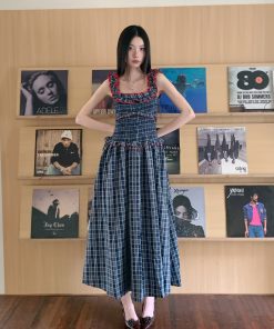 One-Shoulder Contrast Color Strap Dress with Dark Blue Wood Ear Edge - Spring Summer Heartbeat Long Skirt Fashion Dress