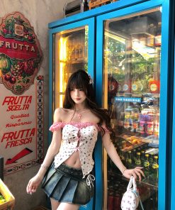 One-Shoulder Cropped T-Shirt for Women - Summer Waist-Cinching Slim Fit White Top with Sweet Dream Design, Spicy Girl Style