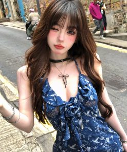 One-Shoulder Floral Halter Dress for Women - Summer Sexy Slim-Fit Bodycon Mini Dress in French Style