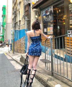 One-Shoulder Floral Halter Dress for Women - Summer Sexy Slim-Fit Bodycon Mini Dress in French Style