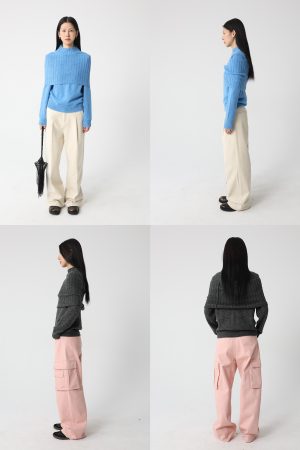 One-Shoulder Knitted Sweater Set with Chimney Neck in Supercape Lazy Atmosphere Style