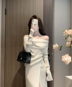 One-Shoulder Knitted Top and Skirt Set for Women - French Style Off-Shoulder Long Sleeve Autumn Winter Fashion