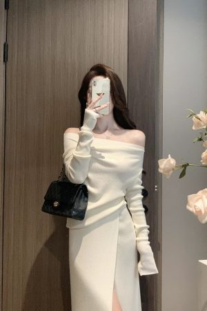 One-Shoulder Knitted Top and Skirt Set for Women - French Style Off-Shoulder Long Sleeve Autumn Winter Fashion
