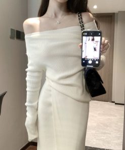 One-Shoulder Knitted Top and Skirt Set for Women - French Style Off-Shoulder Long Sleeve Autumn Winter Fashion