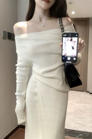 One-Shoulder Knitted Top and Skirt Set for Women - French Style Off-Shoulder Long Sleeve Autumn Winter Fashion
