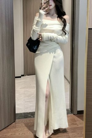 One-Shoulder Knitted Top and Skirt Set for Women - French Style Off-Shoulder Long Sleeve Autumn Winter Fashion