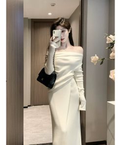 One-Shoulder Knitted Top and Skirt Set for Women - French Style Off-Shoulder Long Sleeve Autumn Winter Fashion