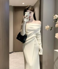One-Shoulder Knitted Top and Skirt Set for Women - French Style Off-Shoulder Long Sleeve Autumn Winter Fashion