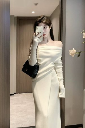 One-Shoulder Knitted Top and Skirt Set for Women - French Style Off-Shoulder Long Sleeve Autumn Winter Fashion