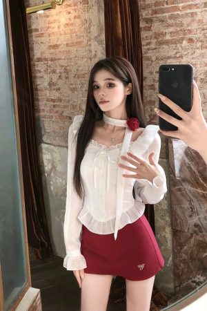One-Shoulder Lace Shirt and Short Skirt Set for Women - Spicy Girl Spring Fashion, Sexy Design, Trendy 90s Aesthetic