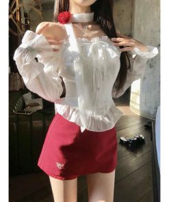 One-Shoulder Lace Shirt and Short Skirt Set for Women - Spicy Girl Spring Fashion, Sexy Design, Trendy 90s Aesthetic