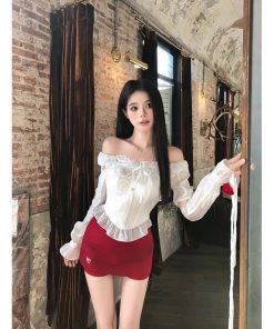 One-Shoulder Lace Shirt and Short Skirt Set for Women - Spicy Girl Spring Fashion, Sexy Design, Trendy 90s Aesthetic