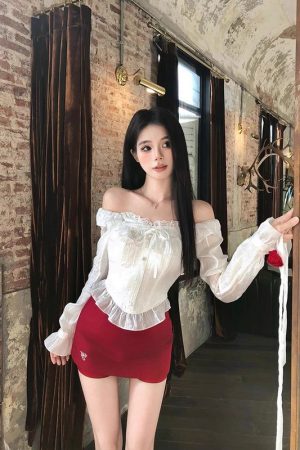 One-Shoulder Lace Shirt and Short Skirt Set for Women - Spicy Girl Spring Fashion, Sexy Design, Trendy 90s Aesthetic