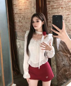 One-Shoulder Lace Shirt and Short Skirt Set for Women - Spicy Girl Spring Fashion, Sexy Design, Trendy 90s Aesthetic