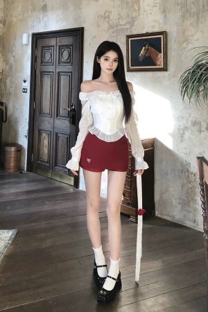 One-Shoulder Lace Shirt and Short Skirt Set for Women - Spicy Girl Spring Fashion, Sexy Design, Trendy 90s Aesthetic