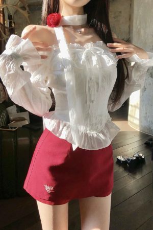 One-Shoulder Lace Shirt and Short Skirt Set for Women - Spicy Girl Spring Fashion, Sexy Design, Trendy 90s Aesthetic