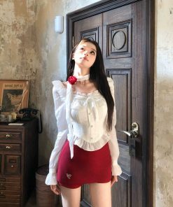 One-Shoulder Lace Shirt and Short Skirt Set for Women - Spicy Girl Spring Fashion, Sexy Design, Trendy 90s Aesthetic