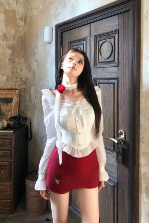 One-Shoulder Lace Shirt and Short Skirt Set for Women - Spicy Girl Spring Fashion, Sexy Design, Trendy 90s Aesthetic