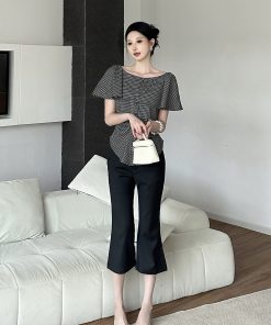 One-Shoulder Lace Striped Short Sleeve Shirt for Women - Elegant Waist-Defining Slim Top, 2025 Summer Style, Y2K Fashion