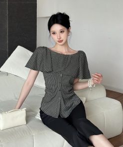 One-Shoulder Lace Striped Short Sleeve Shirt for Women - Elegant Waist-Defining Slim Top, 2025 Summer Style, Y2K Fashion