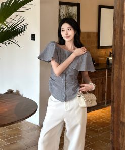 One-Shoulder Lace Striped Short Sleeve Shirt for Women - Elegant Waist-Defining Slim Top, 2025 Summer Style, Y2K Fashion