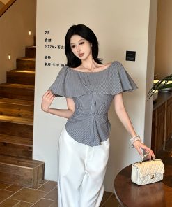 One-Shoulder Lace Striped Short Sleeve Shirt for Women - Elegant Waist-Defining Slim Top, 2025 Summer Style, Y2K Fashion