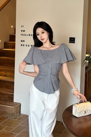 One-Shoulder Lace Striped Short Sleeve Shirt for Women - Elegant Waist-Defining Slim Top, 2025 Summer Style, Y2K Fashion