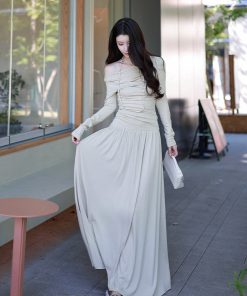 One-Shoulder Long Sleeve Knitted T-Shirt for Women in Green Orchid - Stylish and Versatile Y2K-Inspired Top