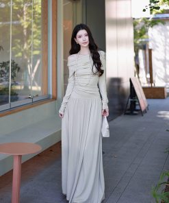 One-Shoulder Long Sleeve Knitted T-Shirt for Women in Green Orchid - Stylish and Versatile Y2K-Inspired Top