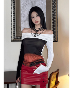 One-Shoulder Long Sleeve Slim-Fit Top with Off-Shoulder Design and Matching Half Skirt - Feminine Fashion for Spicy Girl Style