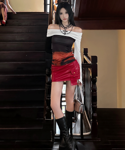 One-Shoulder Long Sleeve Slim-Fit Top with Off-Shoulder Design and Matching Half Skirt - Feminine Fashion for Spicy Girl Style