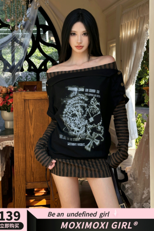 One-Shoulder Punk Loose Y2K Top - Black and White Cross Print Striped Patchwork Long Sleeve Sweatshirt
