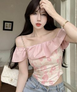 One-Shoulder Ruffle Top for Women, Sweet Irregular Design, Perfect for Spring and Summer, Casual French Style Tea Break Shirt