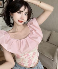 One-Shoulder Ruffle Top for Women, Sweet Irregular Design, Perfect for Spring and Summer, Casual French Style Tea Break Shirt