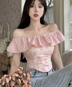 One-Shoulder Ruffle Top for Women, Sweet Irregular Design, Perfect for Spring and Summer, Casual French Style Tea Break Shirt