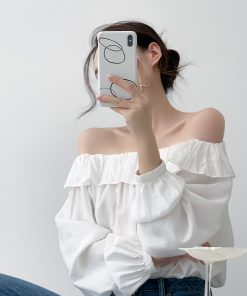 One-Shoulder Ruffled Edge White Shirt - Elegant Fairy-Inspired Lightweight Long Sleeve Sun Protection Top for Young Girls