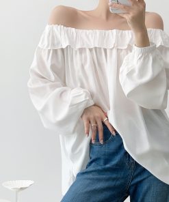 One-Shoulder Ruffled Edge White Shirt - Elegant Fairy-Inspired Lightweight Long Sleeve Sun Protection Top for Young Girls