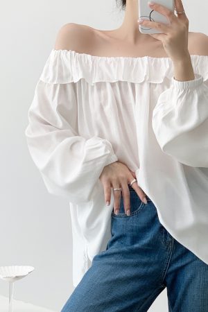 One-Shoulder Ruffled Edge White Shirt - Elegant Fairy-Inspired Lightweight Long Sleeve Sun Protection Top for Young Girls