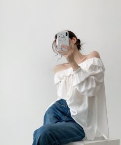 One-Shoulder Ruffled Edge White Shirt - Elegant Fairy-Inspired Lightweight Long Sleeve Sun Protection Top for Young Girls