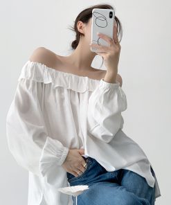One-Shoulder Ruffled Edge White Shirt - Elegant Fairy-Inspired Lightweight Long Sleeve Sun Protection Top for Young Girls